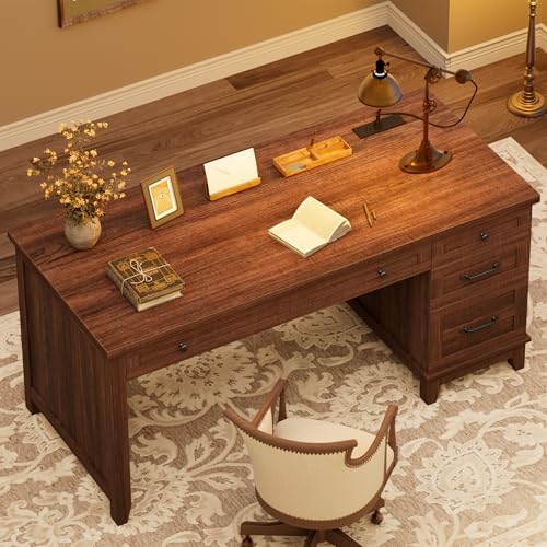 53.5" Executive Desk with Power Outlet, Home Office Desk with Drawers, Wooden Work Desk with File Cabinet, Computer Desk for Work, Study, Writing, Brown - Image 6
