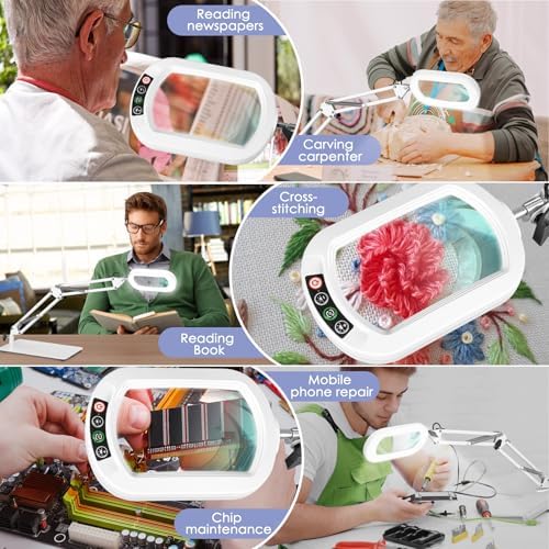 Drdefi 12X Square Magnifying Glass with Light and Stand, Real Glass LED Lighted Magnifier, 5 Color Modes Stepless Dimmable, Hands-Free Mag Desk Lamp with Clamp for Reading Craft Hobby Close Work White - Image 7