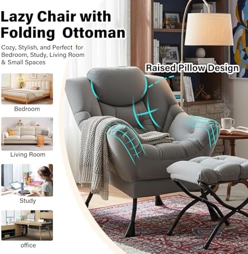Furlide Lazy Chair with Ottoman, Soft Comfy Chair for Bedroom, Light Grey - Image 6