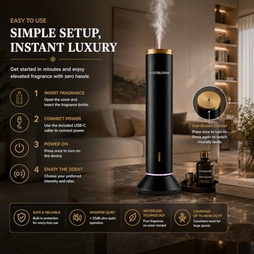 JUSTBLOOM Hotel Essential Oil Diffuser, Waterless Fragrance Diffuser (Glod Black) - Image 6