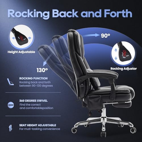 Massage Office Chair with Footrest, High Back Executive Chair, Ergonomic Desk Chair with Removable Pillow, 2 Lumbar Massage Points, Reclining, Leather Computer Chair, Black - Image 6