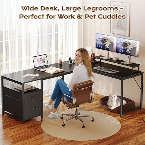 PRAISUN 63 Inch L Shaped Desk with Power Outlets and USB-C Port, Computer Corner Home Office Desk with File Fabric Drawers and Movable Monitor Stand, Larger Storage, Gaming, Writing, Work, Black - Image 7