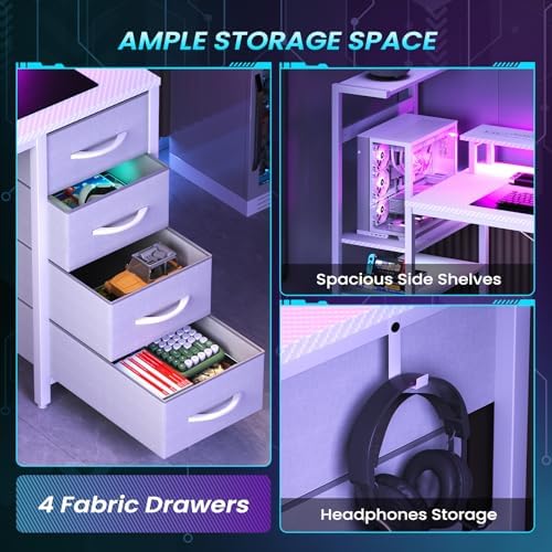 51in Gaming Computer Desk with Drawers & Power Outlet & LED Lights, White - Image 6