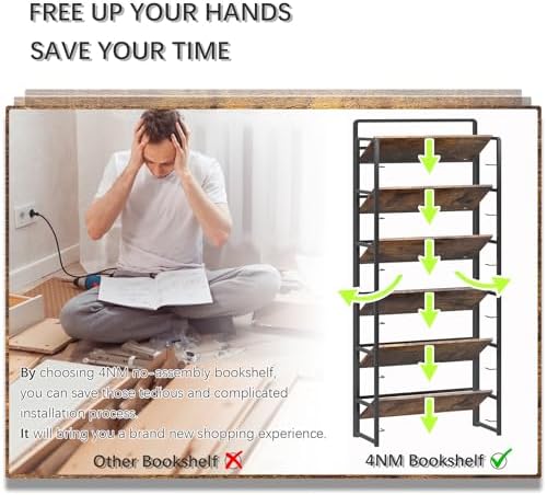 4NM No Assembly 6 Tier Folding Bookshelf Tall Storage Shelves Vintage Bookcase Standing Racks Study Organizer Home Office - Image 7