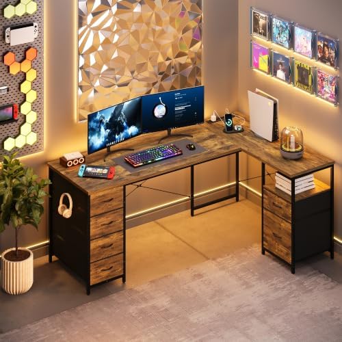 63 Inch L Shaped Office Desk with 6 Drawers & Type-C Port, Rustic Brown - Image 7