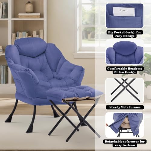 Lazy Chair with Ottoman, Comfy Reading Chair, Dark Blue - Image 6