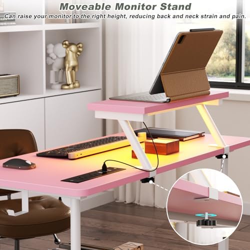 Height Adjustable Standing Desk with Power Outlets and LED Lights - 32" Manual Stand Up Desk with Monitor Stand and Storage Shelves Small Mobile Rolling Computer Desk Portable Laptop Table, Pink - Image 7