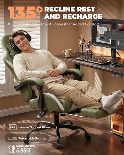 GTPLAYER Gaming Chair with Foot Rest & Pocket Spring Cushion, Ergonomic High Back Computer Desk Chair with Headrest & Lumbar Support for Back Pain Relief, Breathable Fabric, Green - Image 7