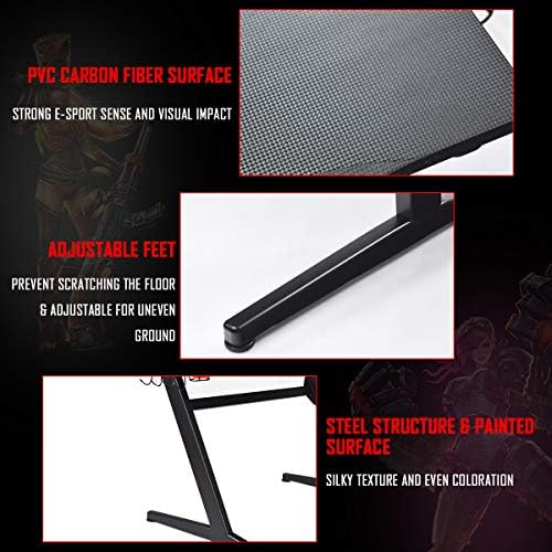 Tangkula Gaming Desk, Z Shaped Ergonomic Gaming Computer Desk, E-Sports Game Desk with Cup & Headphone Holder and Mouse Pad, Gamer Workstation, Carbon Fiber Surface and Z-Shape Steel Frame (Black) - Image 7