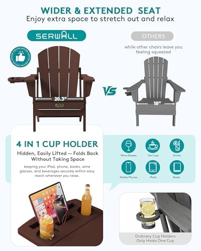 SERWALL Folding Adirondack Chair Set of 2, 4 in 1 Cup Holder - Coffee - Image 7