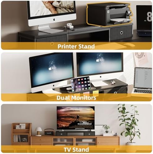 39 Inch Dual Monitor Stand Riser with 2 Drawers - Large Black Wooden Computer Stand for 2 Monitors, Ergonomic Desk Organizer with Phone Holder, Desktop Storage for Laptop, Office Supplies, Home Office - Image 7