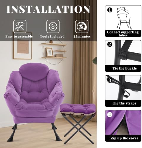 Lazy Chair with Ottoman, Comfy Reading Chair, Purple - Image 6