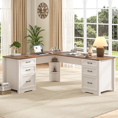 Vabches Wood L Shaped Executive Desk with 6 Drawers, Farmhouse Home Office Desk with Power Outlets and Triangle Under-Desk Storage Shelf & Drawer File Cabinet, Corner Computer Desk, Brown - Image 7