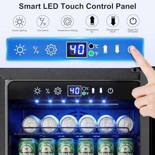 15 Inch Beverage Cooler, 127-Can Stainless Steel Drink Refrigerator with Reversible Door, Built-in or Freestanding Mini Fridge with Blue LED Light, Lock and Key for Indoor Outdoor Use, Black - Image 7