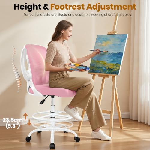Primy Drafting Chair Tall Office Chair with Flip-up Armrests Executive Ergonomic Computer Standing Desk Chair with Lumbar Support and Adjustable Footrest Ring (Pink) - Image 6