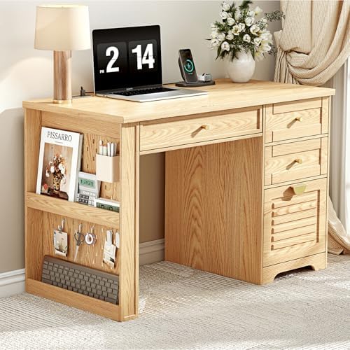 Ieejdn 47" Home Office Desks, Executive Desk, Farmhouse Computer Desk with Drawers and Charging Station, File Drawer, Storage Cabinet, Rustic Computer Writing Desk,Antique Natural - Image 7