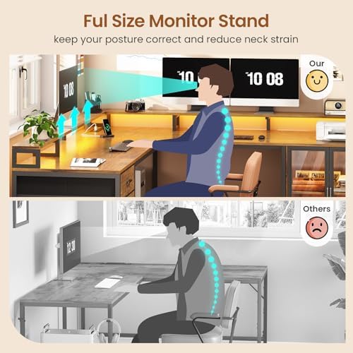 SEDETA L Shaped Gaming Desk with 4 Drawers, 109” Computer Desk with Display Cabinet, Home Office Desks with 2 Monitor Stands, CPU Stand, LED Lights and Power Outlet, Rustic Brown - Image 6