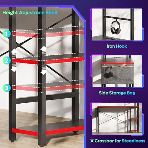 Bestier Gaming Desk with Power Outlets, 44 Inch Led Gamer Desk with 4 Tiers Reversible Shelves, PC Gaming Table with Headset Hook & Side Storage Bag for Bedroom (Black 3D Carbon Fiber) - Image 6