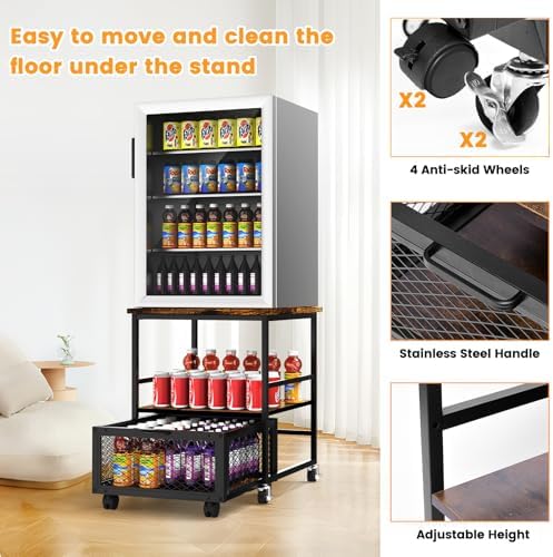 19.7x19.7in Mobile Mini Fridge Stand with 3 Storage,Small Beverage Refrigerator Table with Wheels Rolling Compact Drawer Cart,Great for Dorm Home Office, Printer Stand, Coffee Table - Image 6