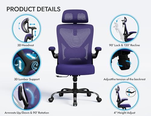 Ergonomic Office Chair: Mesh Desk Chair Comfy with Headrest& Lumbar Support - Image 6