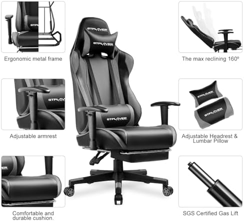 GTPLAYER Gaming Chair with Footrest, Ergonomic Computer Game Desk Chair, Reclining Gamer Chair Seat Height Adjustment, Swivel Rocker with Headrest and Lumbar (Gray) - Image 6