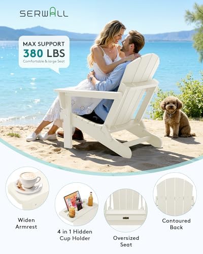 SERWALL Folding Adirondack Chair with Cup Holder, Outdoor Patio Chair, White, Set of 2 - Image 6
