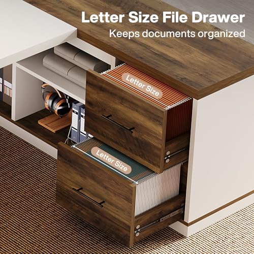 Tribesigns 78.7" L-Shaped Executive Desk, Modern Office Desk with 55.1" Storage Cabinet, Large Computer Table with Drawers, Business Furniture Workstation for Home Office, Brown & White - Image 6