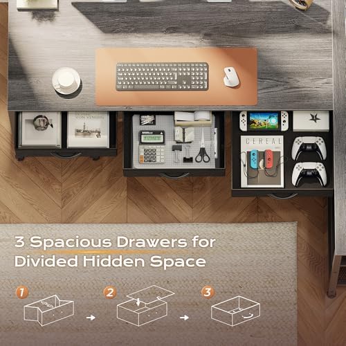 PRAISUN 55 Inch L Shaped Office Desk with Power Outlets and Type-C Port, Large Computer Gaming Desk with 3 Fabric Drawers, Mesh Shelves, Corner Study Work Writing Desk, Grey - Image 7