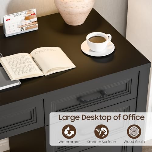 Vabches Farmhouse Executive Desk with Storage and Ample File Drawer, Rustic Large Home Writing Desk for Bedroom, Pure Black - Image 7