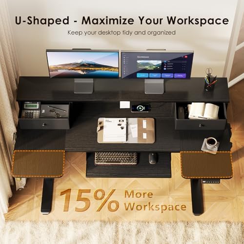 OffiGo 55 Inch U Shape Standing Desk with Keyboard Tray & Drawers, Black - Image 6