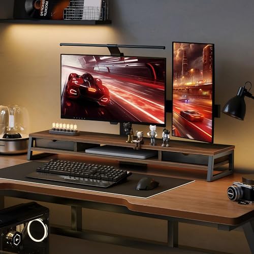 Fenge Dual Monitor Stand Riser, 42.5in Desk Shelf with 2 Drawers, Brown - Image 6