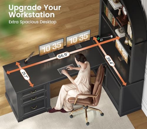 SEDETA 67" L Shaped Desk with Tall Arched Bookshelf & 3 Drawers Storage - Image 6
