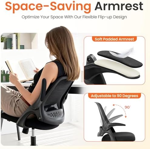NEO CHAIR Office Chair Gaming Desk Computer Mesh Ergonomic Chair with Flip-up Arms Comfy Lumbar Support Adjustable Height Rolling Wheels Chair for Home Office (All Black) - Image 6