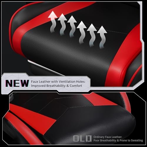Yaheetech Gaming Chair with Footrest Massage Lumbar Pillow Black and Red - Image 6