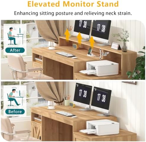 65" Farmhouse Computer Desk with Drawers and Printer Stand for Home Office - Image 7