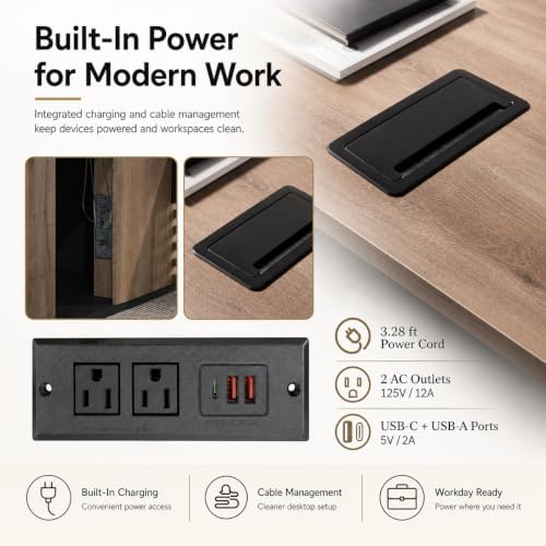 SAINTCY 86.61In L Shaped Executive Standing Desk with Drawers, Large Modern Adjustable Heigh Home Office Desk w/Universal Charging Ports, Business Workstation, Black and Warm Oak - Image 6