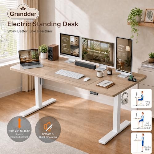 Grandder 55x32 Large Electric Standing Desk, Height Adjustable Computer Desk with 2 Memory Presets, 31.5" Deep Desktop Sit Stand Desk Home Office Desk Workstation Table with Hooks, Maple - Image 6