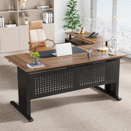 Tribesigns 63 Inch Executive Desk with File Cabinet, Large Office Desk L Shaped Computer Desk with Drawers and Storage Shelves, Business Furniture Desk Workstation for Home Office, Brown and Black - Image 6