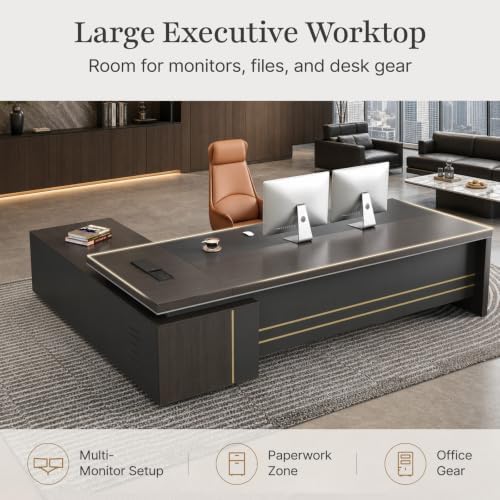 Reversible L-Shaped Executive Desk with Drawers, Side File Cabinet, Built-in Power Hub & Privacy Panel, Obsidian Grey & Mocha Walnut (71" L * 65" W * 30" H) - Image 7
