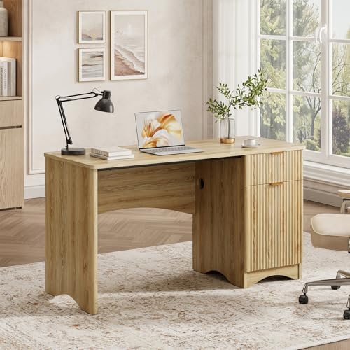 Bestier 47 inch Fluted Computer Desk with Drawer, Office Desk with File Cabinet, Modern Wood Desk with Storage Cabinet for Home Office Bedroom Study, Natural Oak - Image 6
