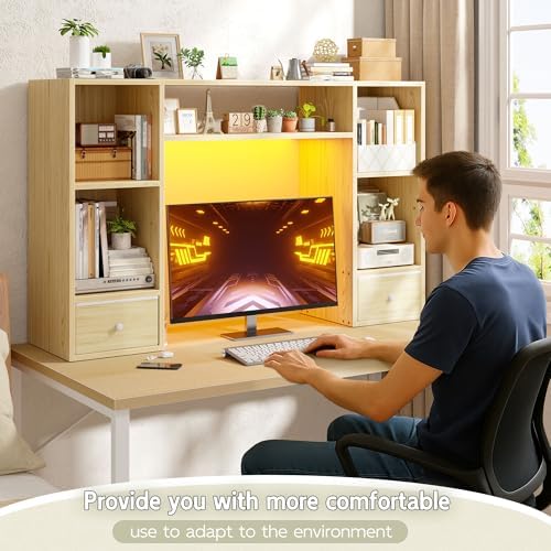 REIBII 47.2" Desktop Bookshelf, 6 Shelves & 2 Drawers, LED Lights, Natural - Image 7