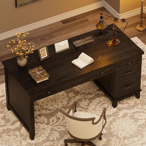53.5" Farmhouse Home Office Desk with File Cabinet, Wooden Executive Desk with Power Outlet, Work Desk with Drawers, Traditional Wood Desk for Home and Office, Black - Image 6