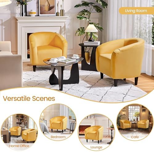 Yaheetech Small 25.5in Wide Velvet Barrel Accent Chair Bedroom, Yellow - Image 6