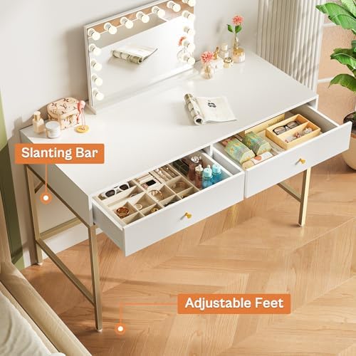 SUPERJARE White and Gold Vanity Desk with Drawers, 47 inch Computer Desk - Image 6