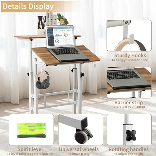 SIDUCAL Small Standing Desk, Portable Stand Up Desk, Height Adjustable Mobile Standing Table Converter with Wheels Computer Workstations, Rolling Laptop Cart for Stand or Sit, Vintage Oak - Image 6