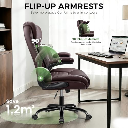 Office Chair, Ergonomic Executive Desk Chair with Lumbar Support for Lower Back Pain Relief, Padded Flip-Up Armrests, Leather Home Office Chair, Coffee - Image 6