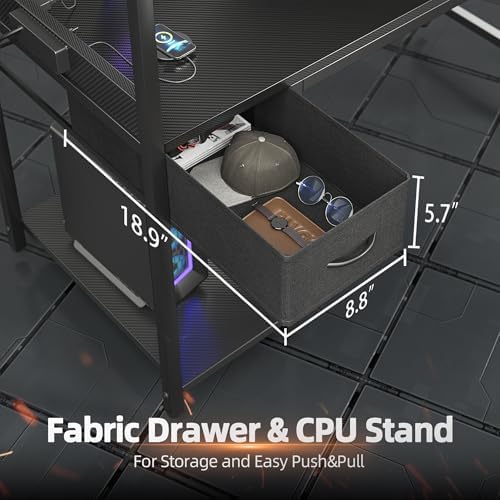 TIQLAB Gaming Desk 47 inch with Power Outlet and LED Light, Computer Desk with Reversible Shelves and Storage Drawer, Small PC Desk for Home Office Table with Bag, Carbon Fiber Black - Image 7
