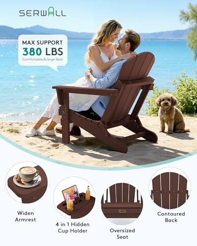 SERWALL Folding Adirondack Chair with Cup Holder, Outdoor Patio Chair, Coffee, Set of 4 - Image 6