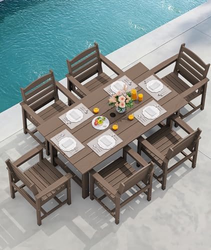 SERWALL HDPE Dining Set with Umbrella, Outdoor Dining Set for 6, Coffee - Image 7