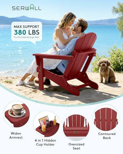 SERWALL Folding Adirondack Chair with Cup Holder, Outdoor Patio Chair, Red, Set of 2 - Image 6